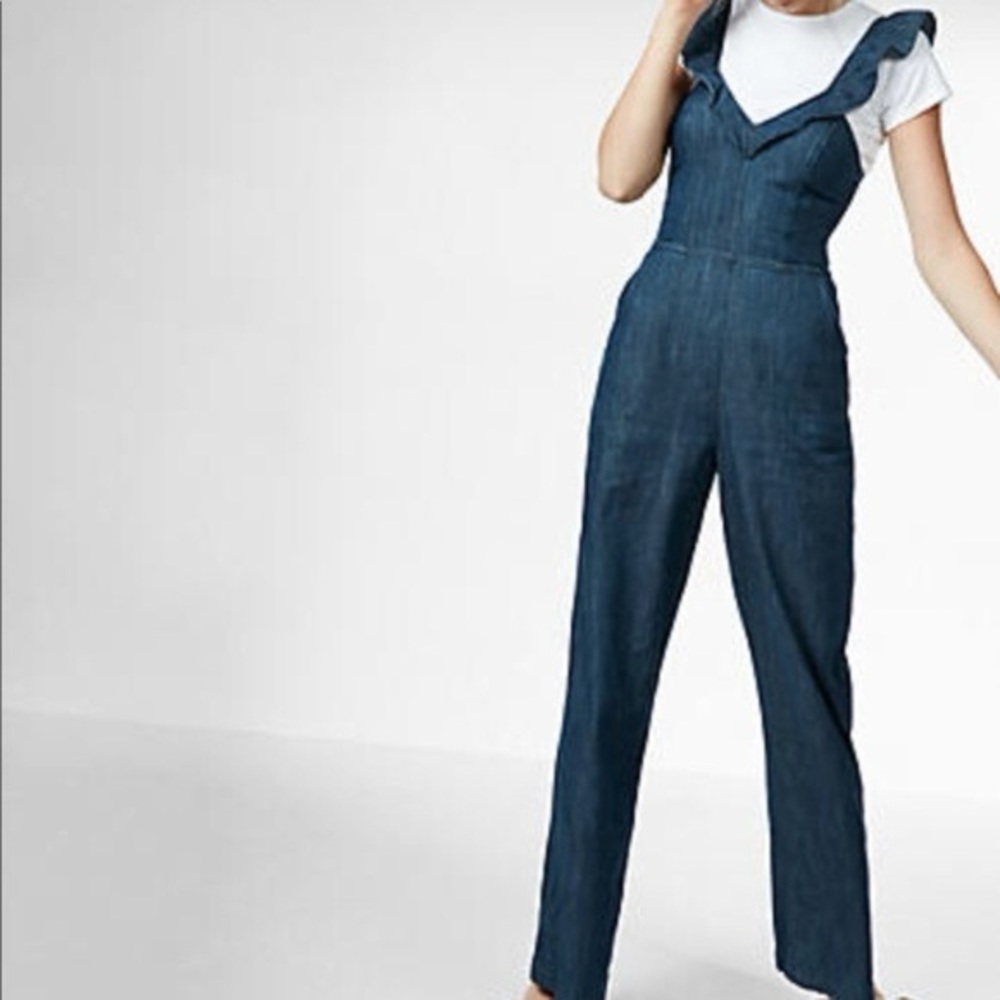 Express Denim Jumpsuit Ruffle Sleeves Straight Leg Size 6